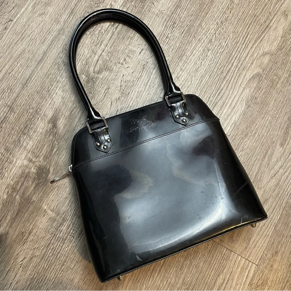 BEIJO by SUSAN HANDLEY Y2K Black Vinyl Top Handle Satchel Handbag